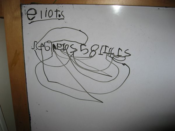 Here is an example of Eliot's foray into writing with lower case letters. Also included are his numbers - he's written them out of order, then connected them in the right order via the line.