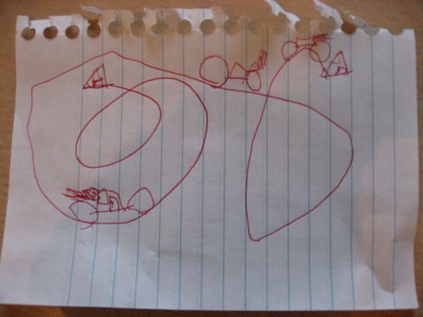 And, finally, this one is an example of the maps he has been keen to draw lately - this one he made last night, on the quick ride from the park where we have our picnic to home (about a two minute drive) - this shows the way.